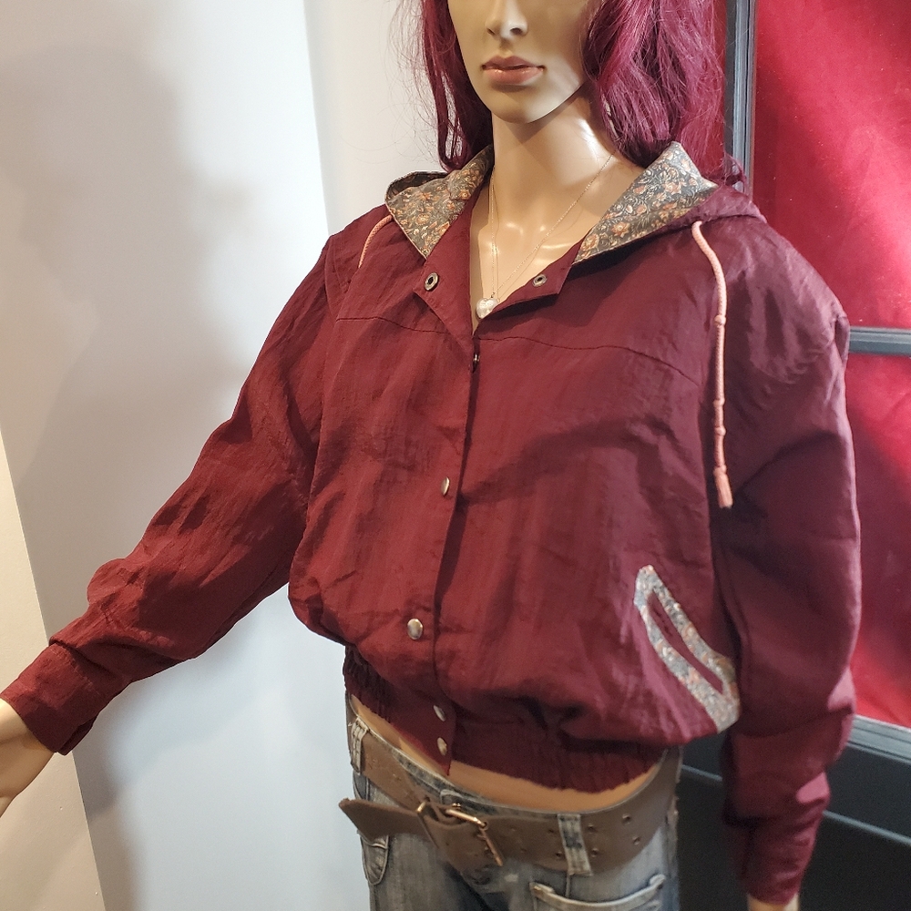 Vintage 80s Burgandy Floral Wind Jacket